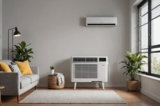 Climatiseur monobloc mobile dans une chambre bien aménagée