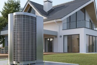 pompe à chaleur installée dans un jardin avec maison en arrière-plan