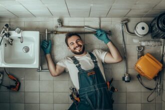 un plombier dans une salle de bain
