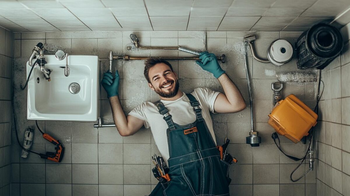 un plombier dans une salle de bain