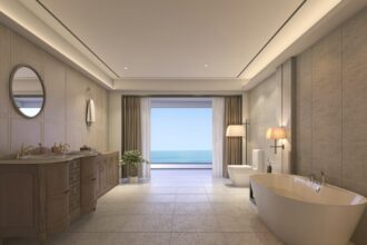 meuble sous vasque design dans une salle de bain moderne et épurée