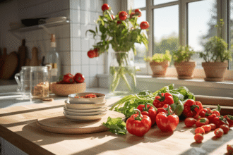 Cuisine moderne avec matériaux naturels et éclairage intelligent