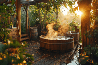 Bain nordique en bois dans un jardin paisible