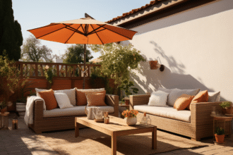 store banne sur une terrasse ensoleillée avec coin d'ombre