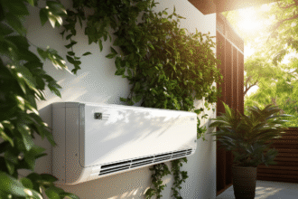 Cache-clim en PVC protégeant un climatiseur des intempéries et de la poussière