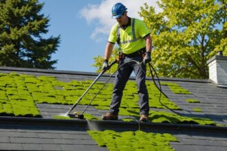 Toit en tuiles nettoyé, sans mousse, avec un ciel bleu en arrière-plan