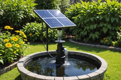 Pompe à eau solaire installée dans un jardin verdoyant