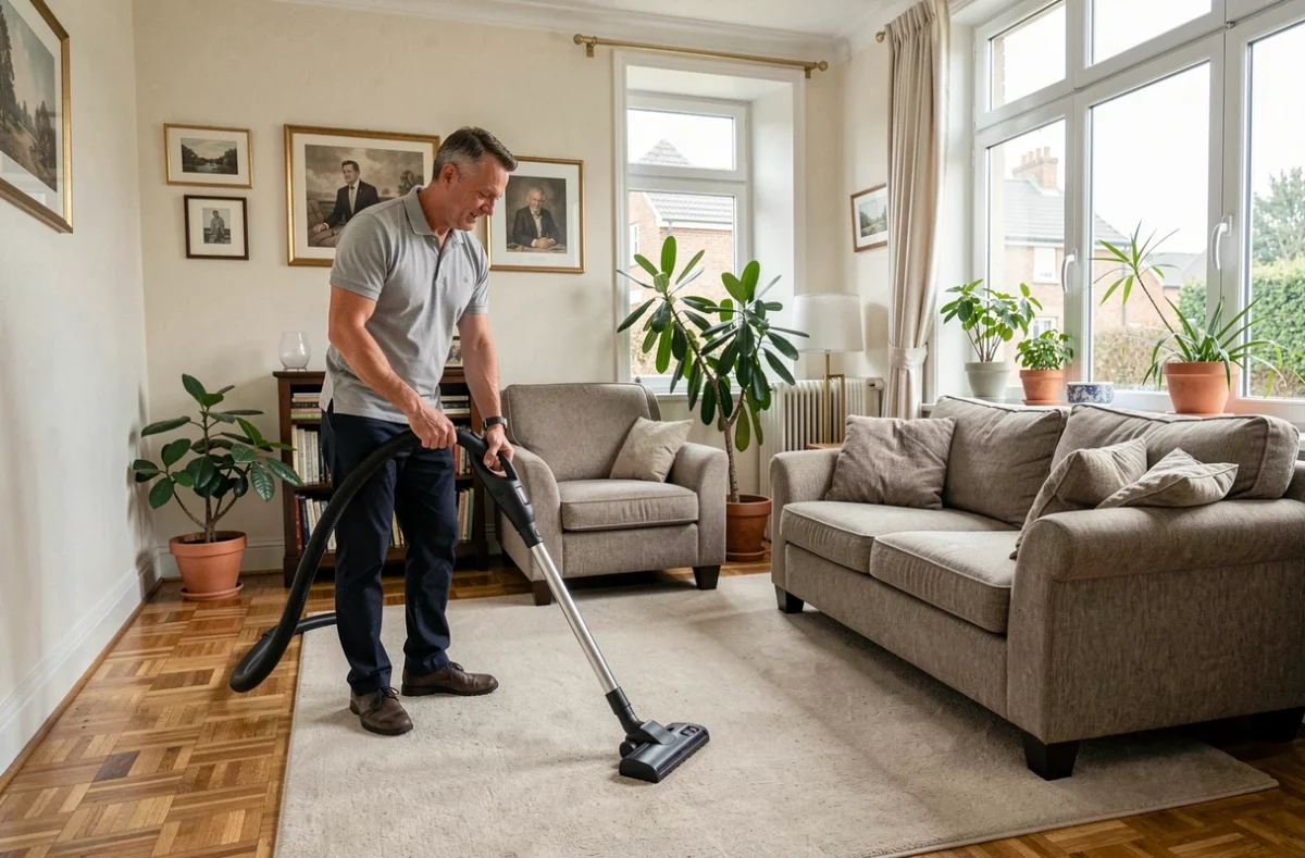 Agent d'entretien passant l'aspirateur dans un salon d'appartement résidentiel à Gennevilliers
