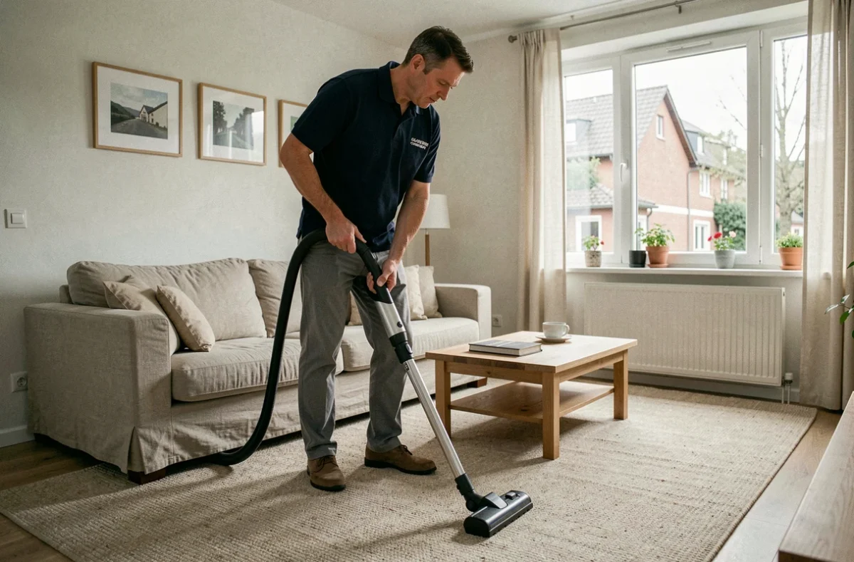 Agent de ménage masculin passant l'aspirateur dans un salon d'une maison de Moselle