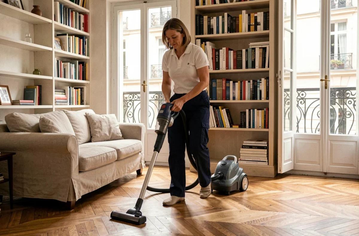 Aide ménagère passant l'aspirateur dans le salon d'une maison de ville à Lyon avec parquet en point de Hongrie