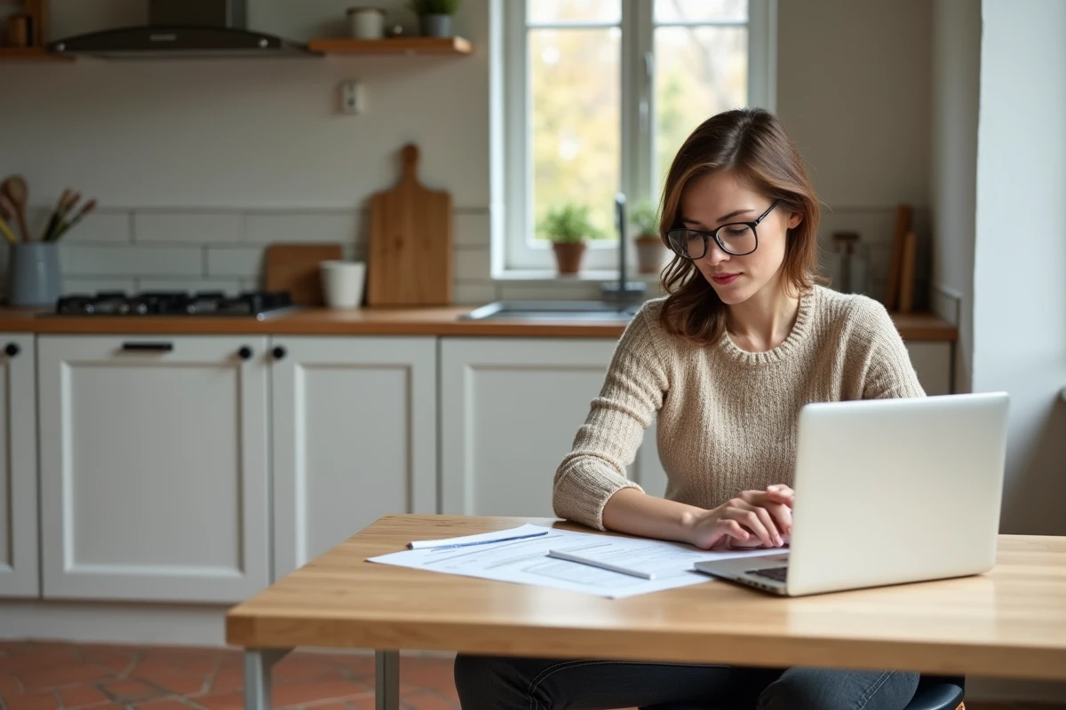 Femme consultant des documents d'aides financières pour la rénovation de porte d'entrée