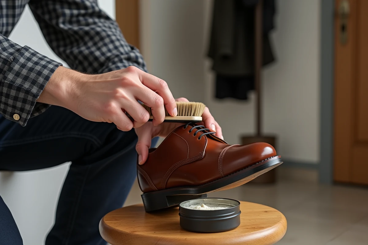 Homme appliquant de la graisse pour chaussure en cuir avec une brosse dans une entrée de maison