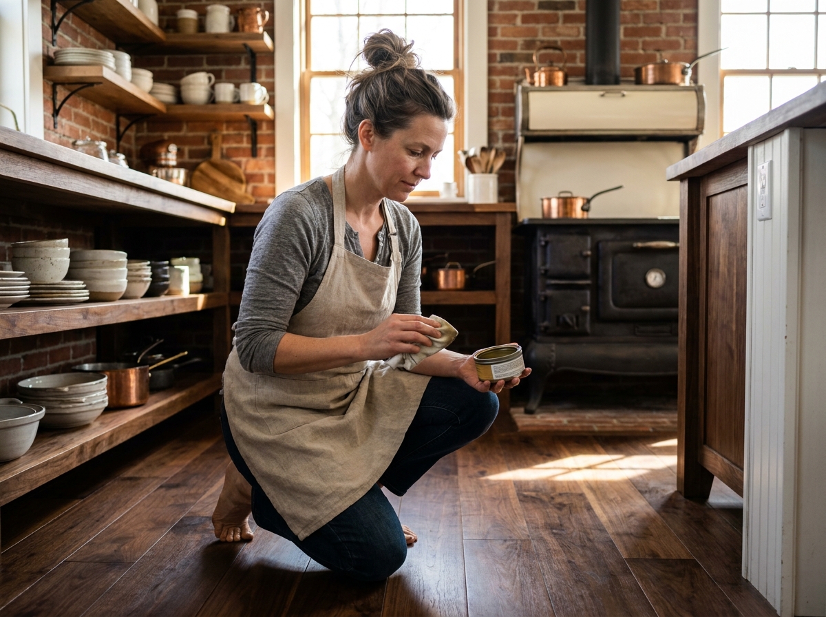 Femme appliquant une huile protectrice sur un parquet en noyer dans une cuisine rustique
