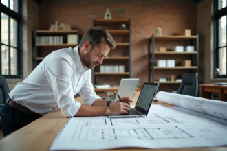 Architecte calculant le volume en mètres cubes sur des plans de construction pour un devis de travaux précis