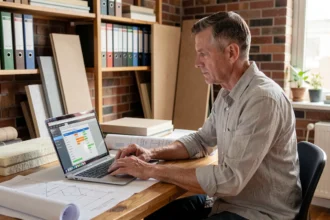 Architecte utilisant une calculette Homatherm pour calculer la résistance thermique de la fibre de bois sur son ordinateur portable