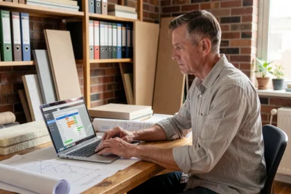 Architecte utilisant une calculette Homatherm pour calculer la résistance thermique de la fibre de bois sur son ordinateur portable