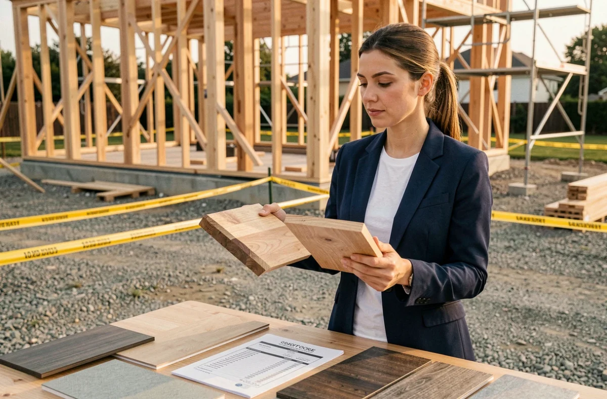 Architecte comparant des échantillons de volige bois sur un chantier de construction résidentiel