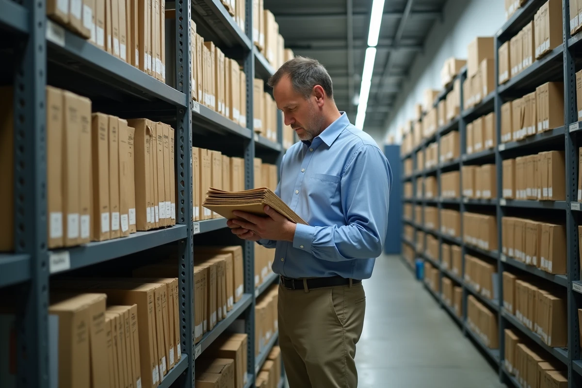 Archiviste classant des documents dans une salle d
