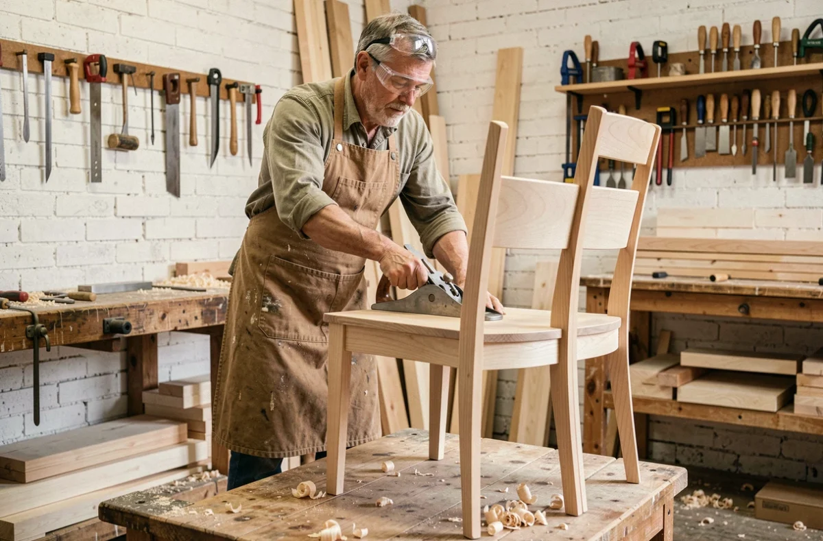 Artisan ébéniste rabotant une chaise en hêtre dans un atelier de fabrication de meubles français avec outils suspendus et briques blanchies