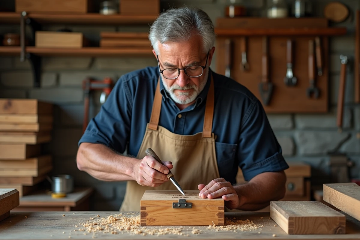 Artisan gravant une inscription personnalisée sur une boîte à bijoux en bois d'érable dans un atelier artisanal authentique