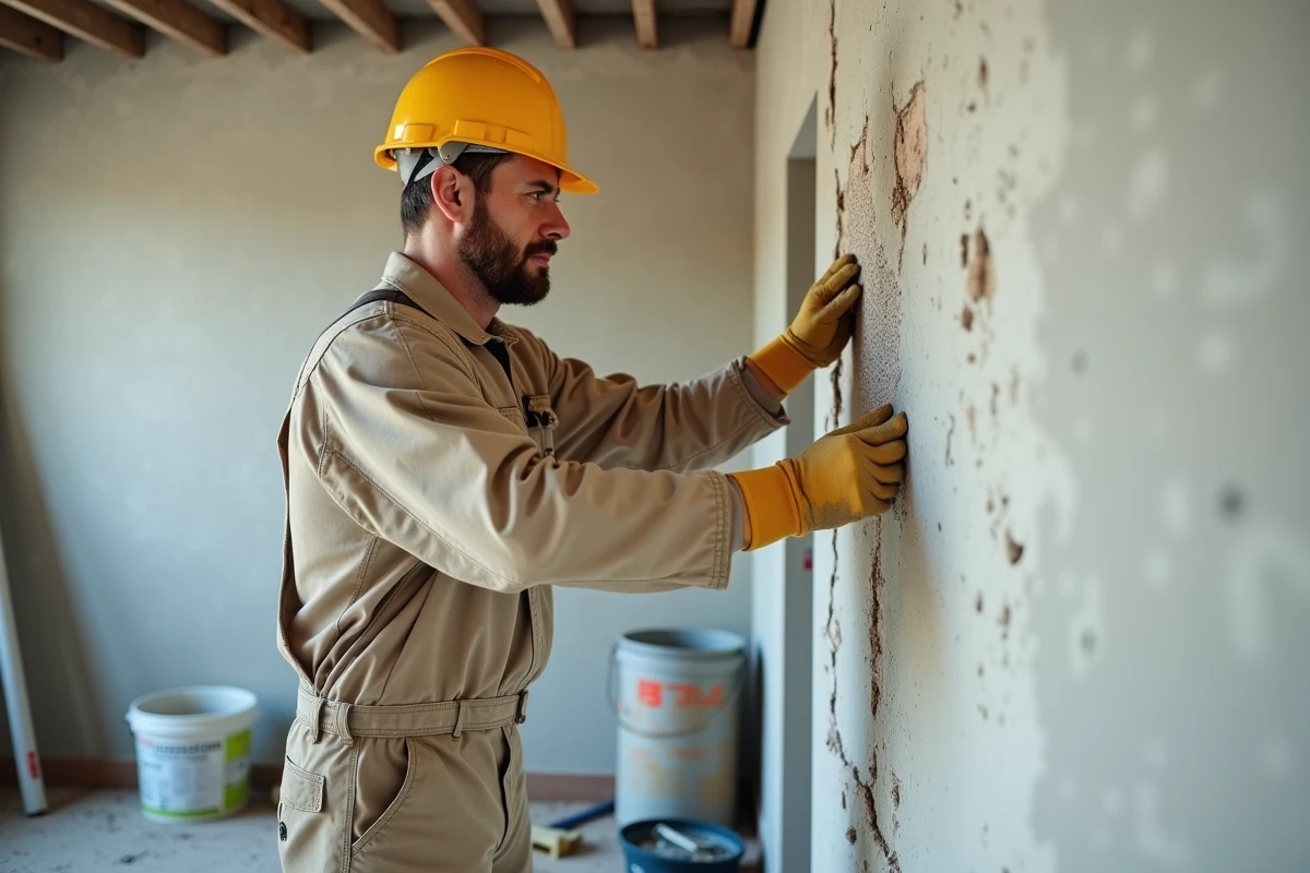 Artisan appliquant une toile en fibre de verre sur un mur fissuré lors d'une rénovation intérieure