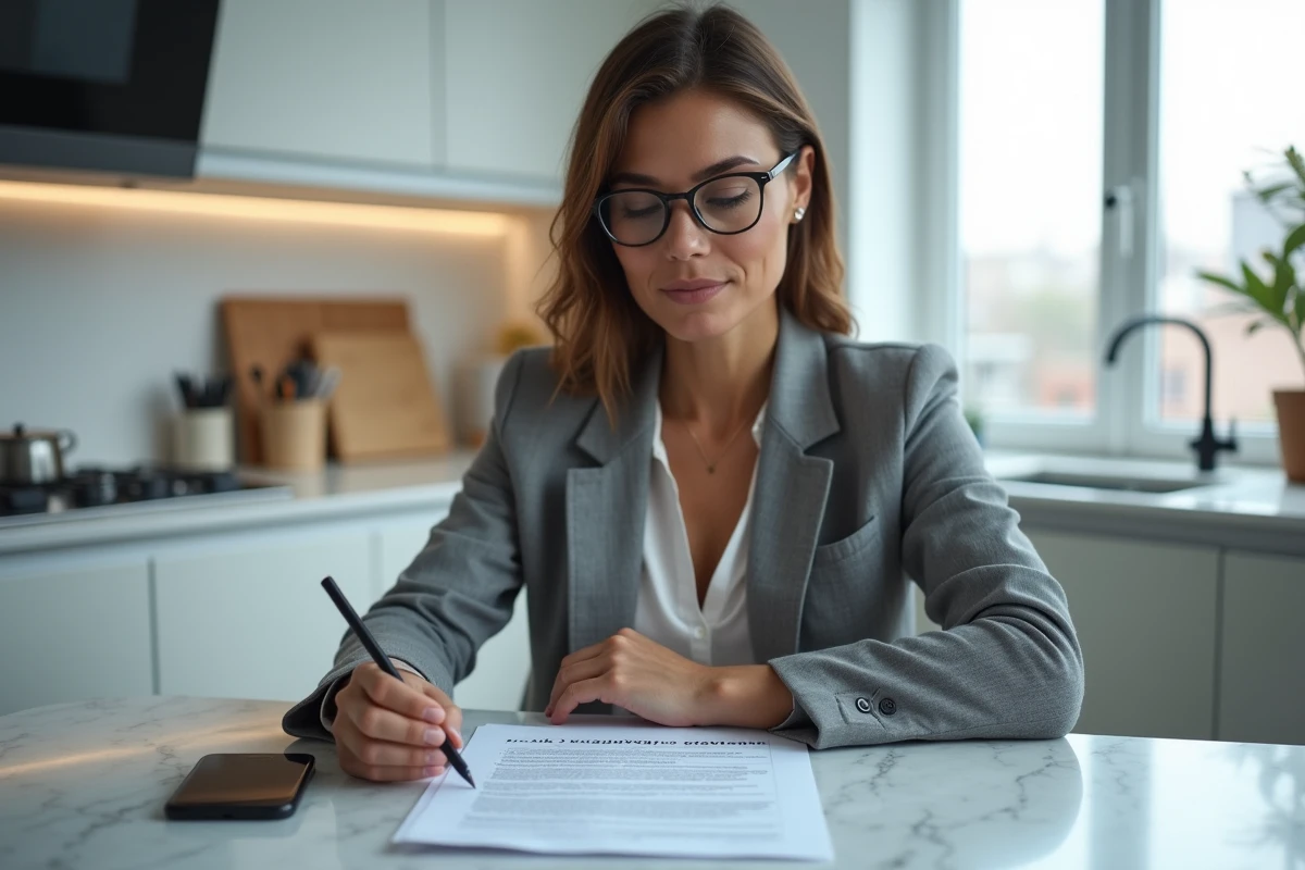 Femme consultant un contrat d'assurance habitation à la table de cuisine avant un déménagement de meubles