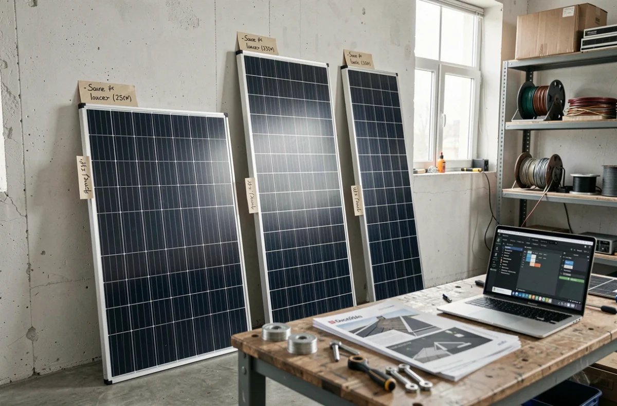 Atelier présentant trois panneaux solaires de différentes dimensions avec fiches techniques