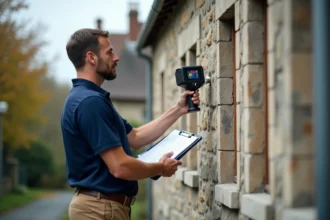 Auditeur thermique professionnel analysant la façade d'une maison avec une caméra infrarouge lors d'un audit énergétique