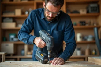 Professionnel utilisant une perceuse sans fil Erbauer dans un atelier bien organisé, avis utilisateur exigeant
