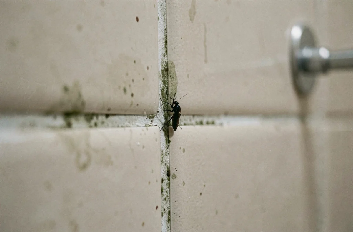 Petite bête noire sur un joint de carrelage moisit dans une salle de bain domestique