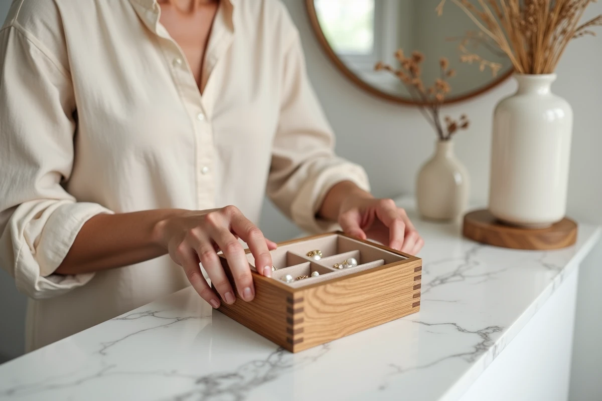 Femme examinant une boîte à bijoux en bois personnalisée avec compartiments en velours sur un comptoir en marbre blanc