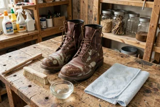 Bottes en cuir marron moisies posées sur un établi en bois avec des outils de nettoyage naturels