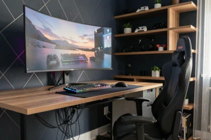 Bureau gaming organisé avec câbles invisibles dans une chambre déco moderne aux murs sombres et étagères bois