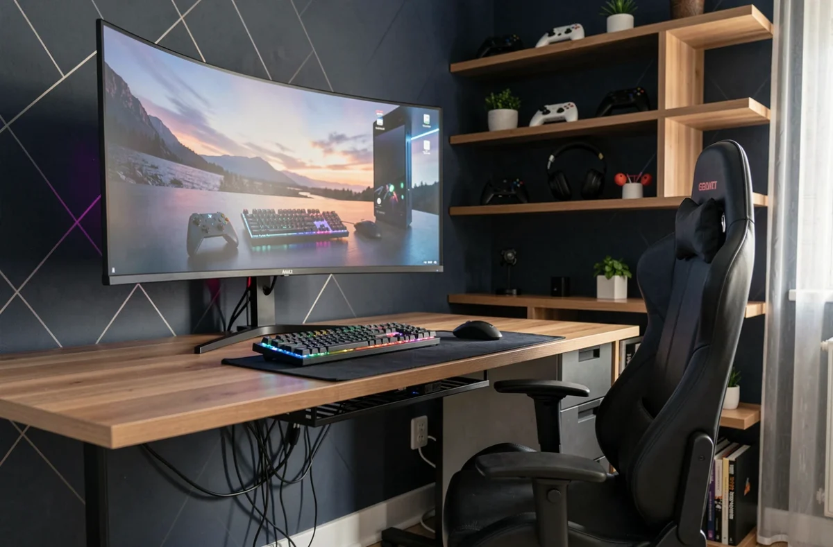 Bureau gaming organisé avec câbles invisibles dans une chambre déco moderne aux murs sombres et étagères bois