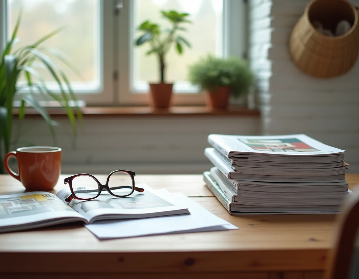 Bureau en bois avec un abonnement magazine décoration maison empilé et une tasse de café