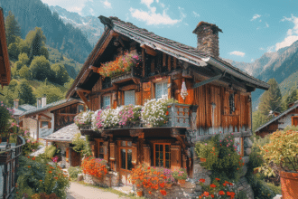 Maisons savoyardes avec toits en pente dans les Alpes