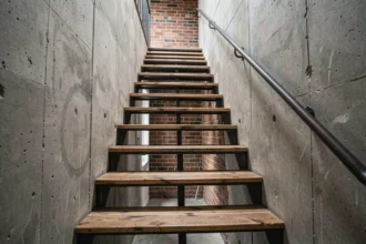 Cage d'escaliers style industriel avec marches en métal et mur en béton brut dans un loft