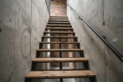 Cage d'escaliers style industriel avec marches en métal et mur en béton brut dans un loft