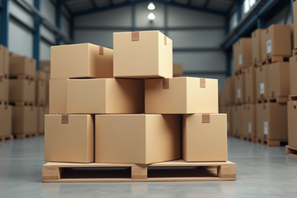 Différents types de caisses en carton empilées dans un entrepôt