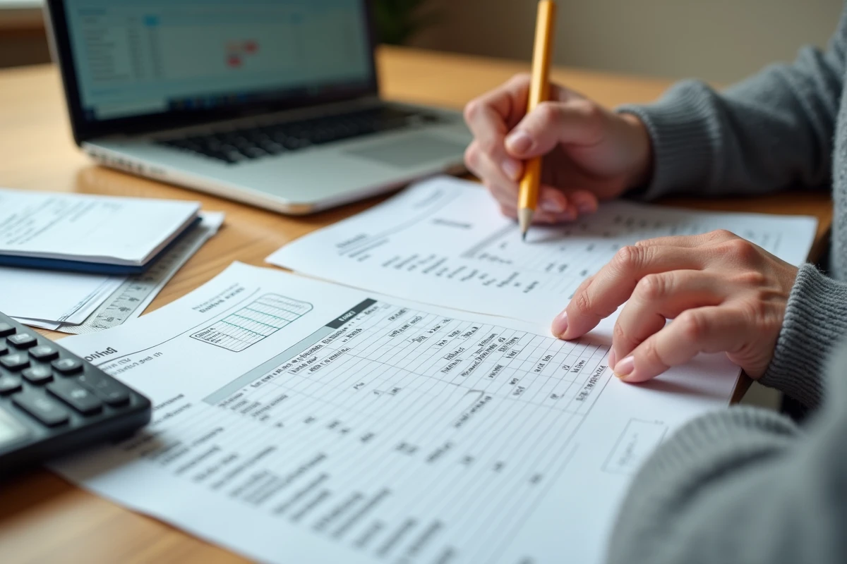 Calcul manuel des mètres cubes pour optimiser les coûts de fret avec factures de transport et calculatrice sur un bureau