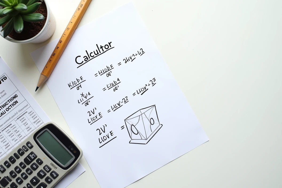 Vue en plongée d'une feuille de calcul de mètres cubes avec calculatrice et devis de travaux posés sur un bureau
