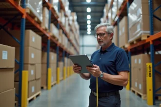 Professionnel de la logistique mesurant des colis sur palette dans un entrepôt de fret pour calculer le volume en mètres cubes
