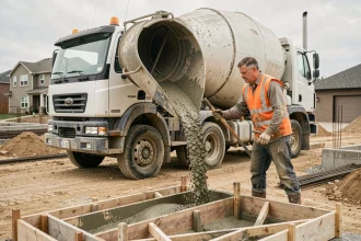 Camion toupie béton en train de couler du béton dans un coffrage pour dalle de fondation sur chantier résidentiel