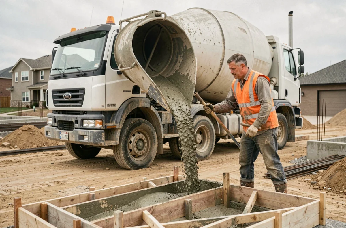 Camion toupie béton en train de couler du béton dans un coffrage pour dalle de fondation sur chantier résidentiel