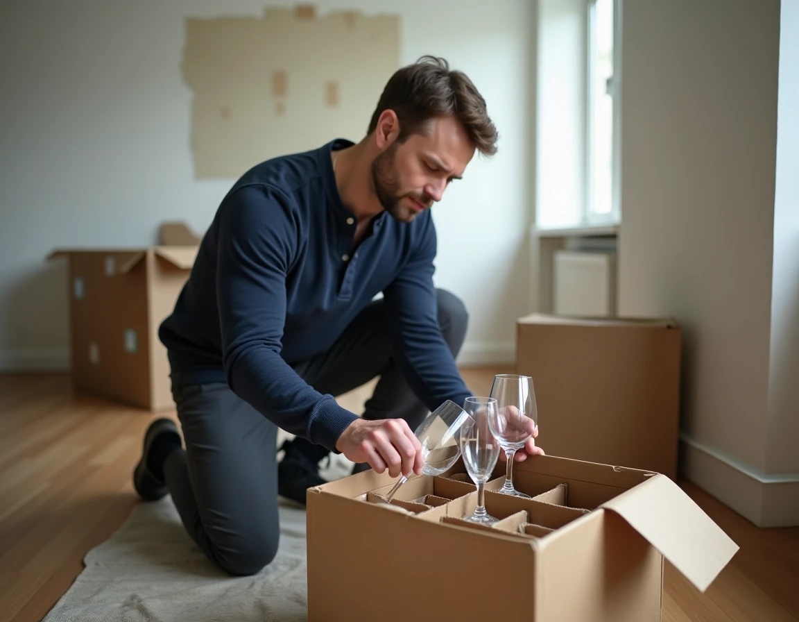 Homme rangeant des verres emballés dans un carton à cases spécial vaisselle lors d'un déménagement