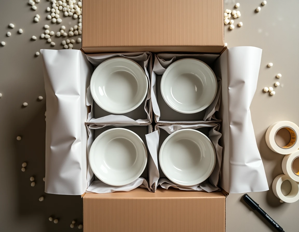 Vue de dessus d'un carton spécial vaisselle avec cases et bols emballés dans du papier de déménagement