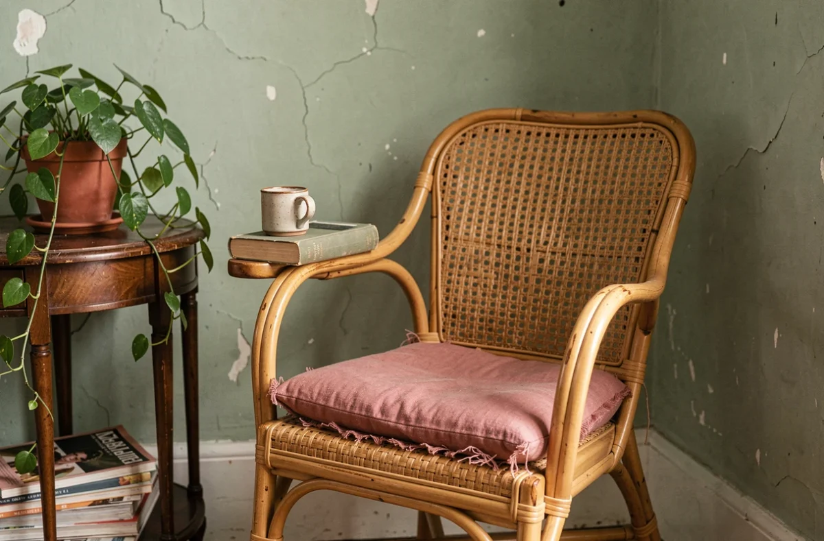 Coin lecture cosy avec une chaise en rotin d'occasion dans un appartement parisien à décoration écologique et vintage