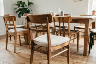 Chaises dépareillées d'occasion en bois disposées autour d'une table en chêne dans une salle à manger écologique de style scandinave