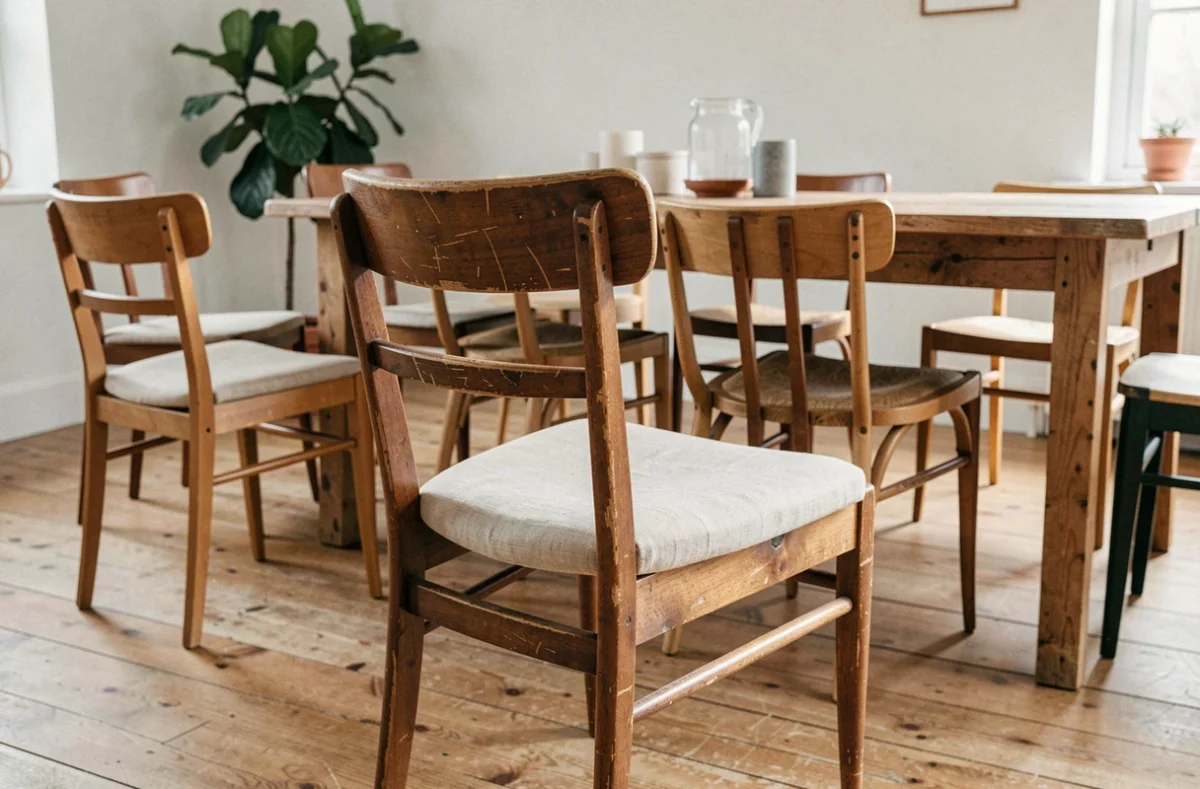 Chaises dépareillées d'occasion en bois disposées autour d'une table en chêne dans une salle à manger écologique de style scandinave