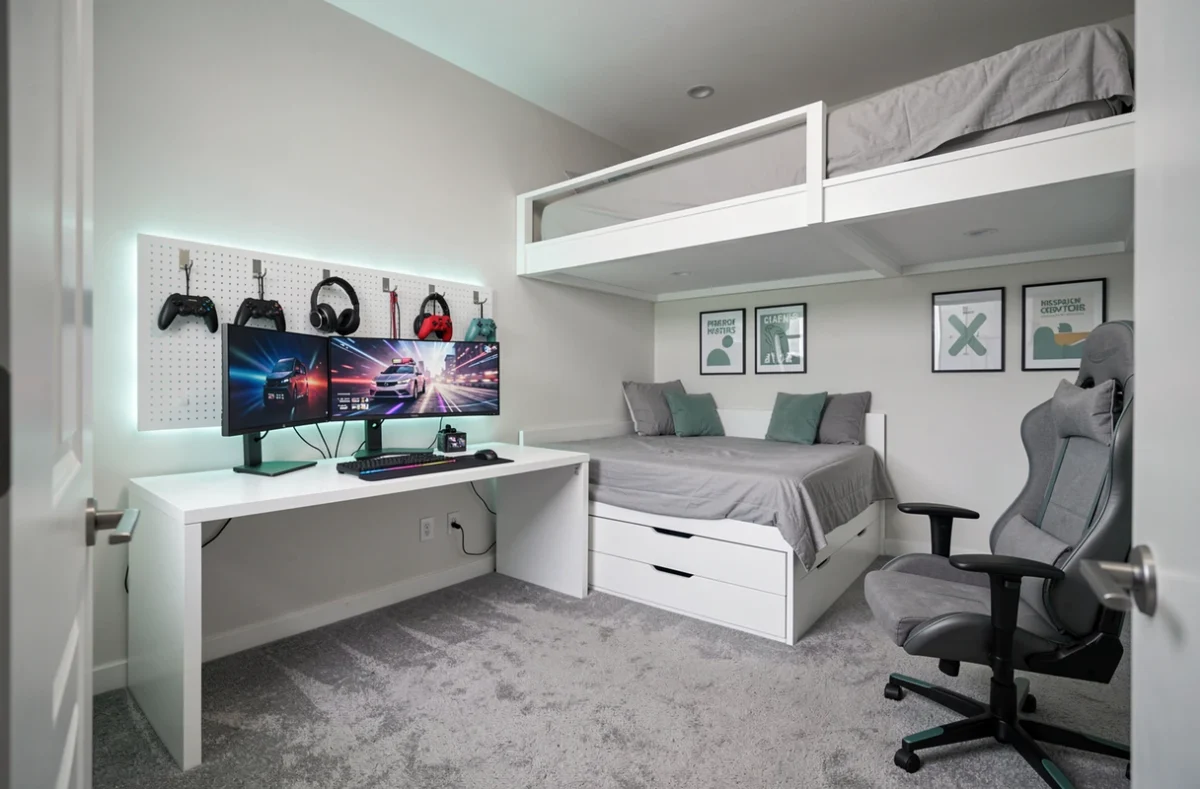 Chambre gaming complète avec bureau en L, rangement mural pegboard et câbles organisés dans un intérieur moderne